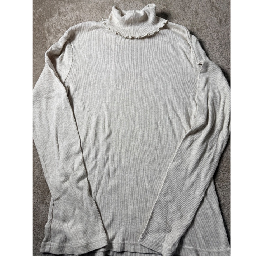 J. Jill Womens Medium Oatmeal Ribbed Cotton Turtleneck Lettuce Edge Top Beige